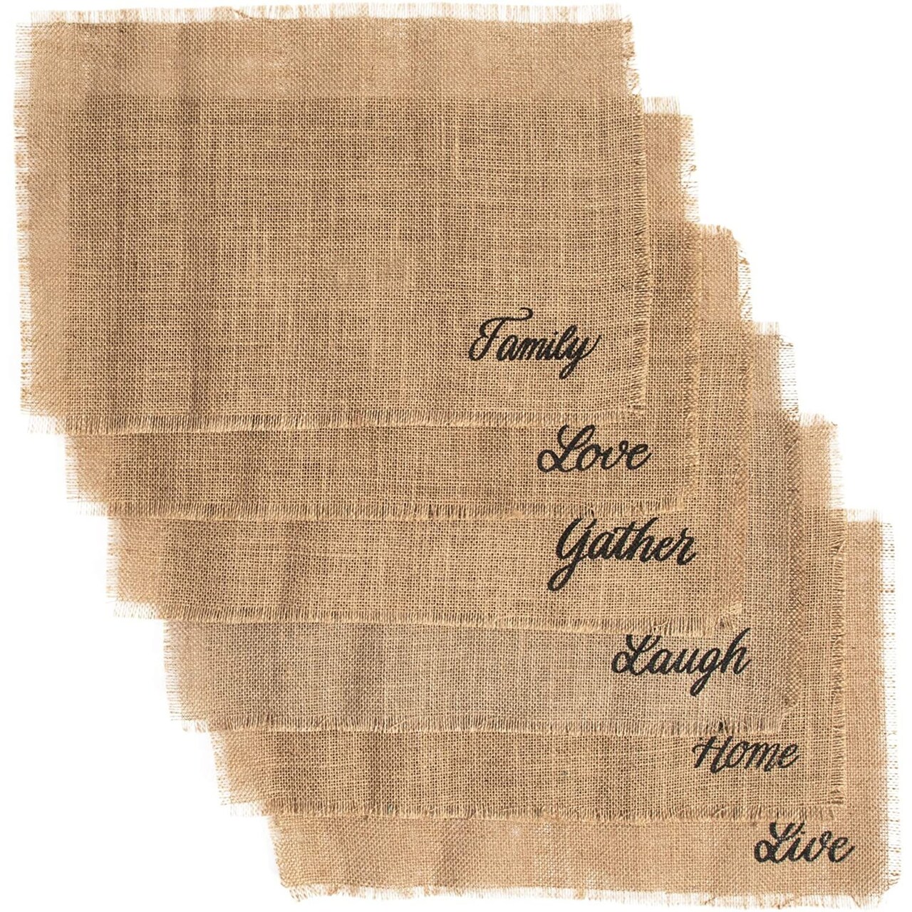 Woven Jute Placemats Set of 6 Dining Table Mat, Love Live Laugh Home Gather Family, 18"x12" Brown